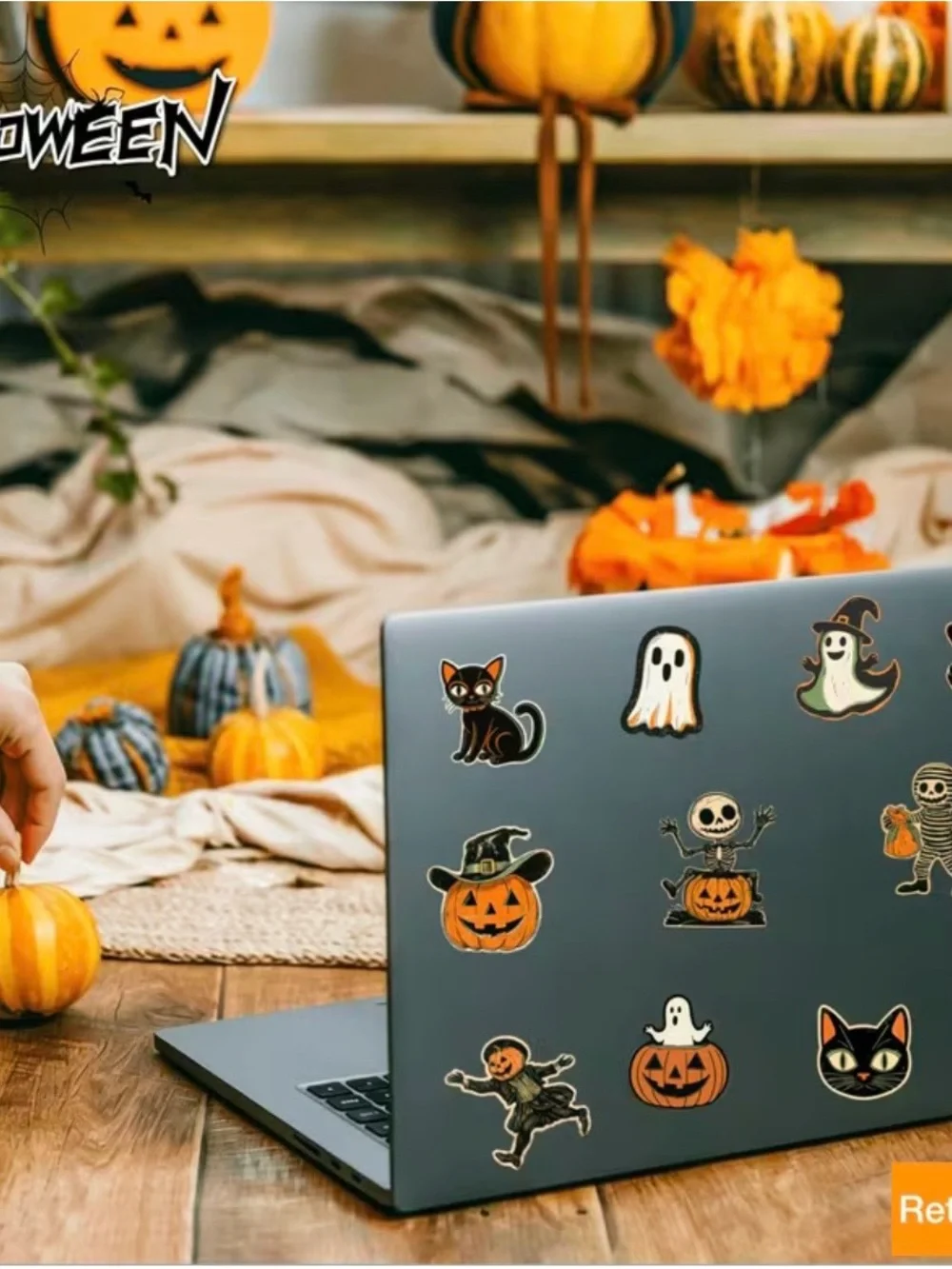 64 Vintage Halloween Stickers - Orange, Black & Green Kids Pumpkin Ghost Owl Cat